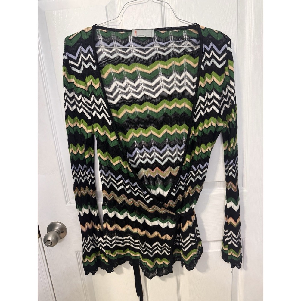 M Missoni Women's Chevron Zigzag Knit Wrap Top Green Black Tie Waist S Italy